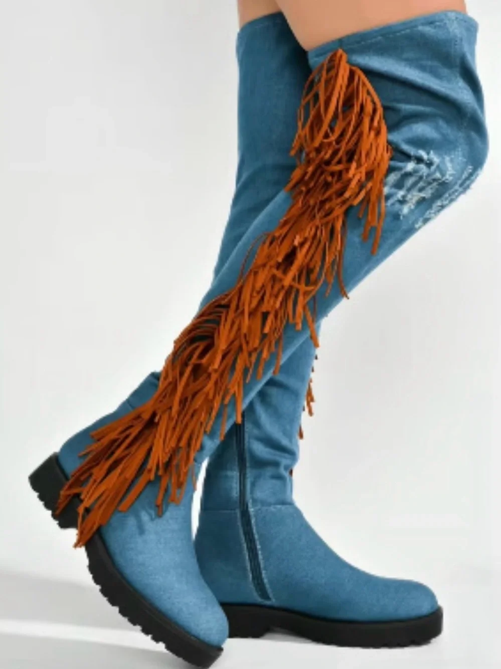 NEW Cape Robbin Distressed Denim Fringe Over The Knee Western Lug Sole Boots